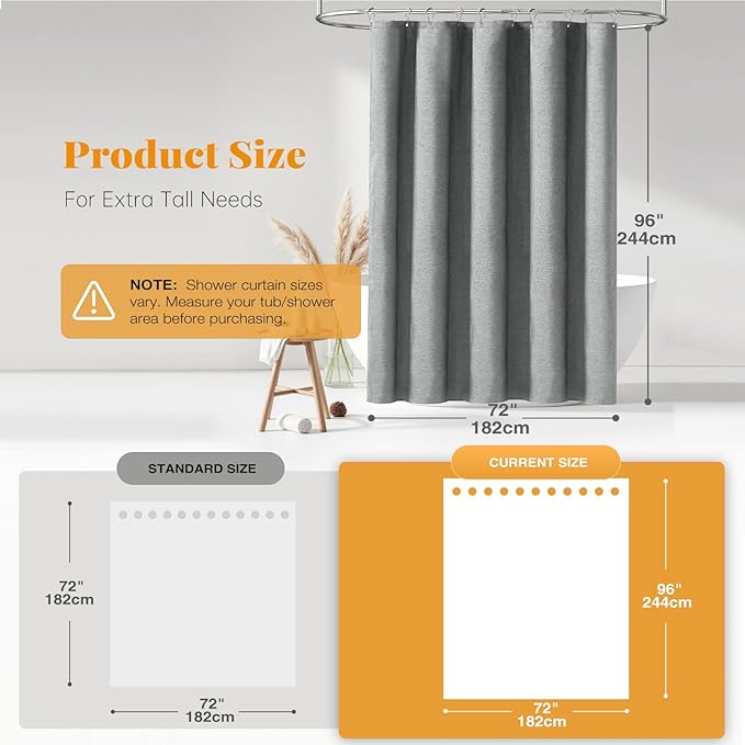 BTTN Fabric Shower Curtain, Linen Textured Heavy Duty Polyester Cloth Shower Curtain Set with Plastic Hooks, Grey, 72x96