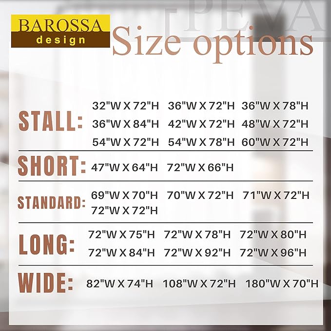 Barossa Design Narrow Shower Curtain Liner with 3 Magnets - 36" x 84", Waterproof PEVA Shower Liner for Small Extra Long Bathroom Stall, PVC Free, Metal Grommets - Clear, 36X84