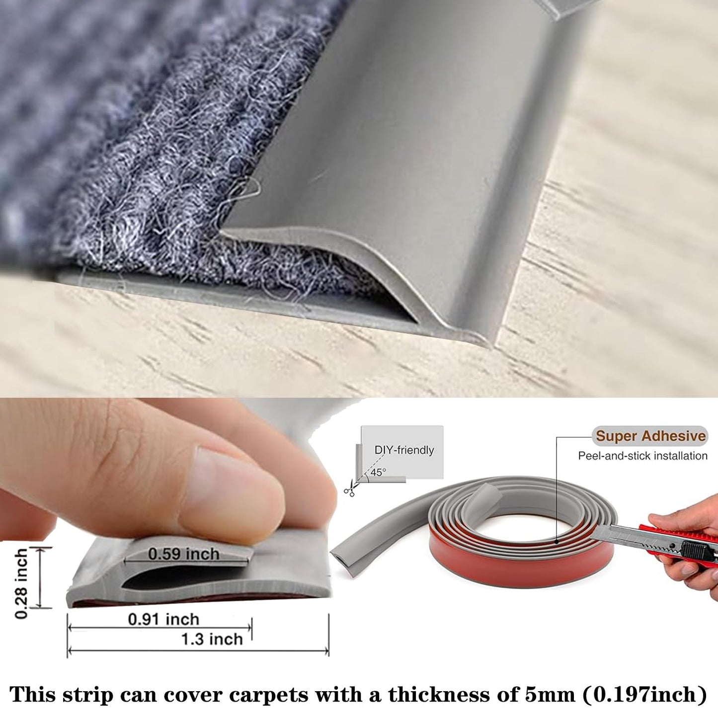 Self Adhesive Carpet Transition Strip with Edge Trim, Designed for Seamless Transitions from Carpet to Tile or Vinyl Floors, Perfect for Doorways.(Gray,7ft)