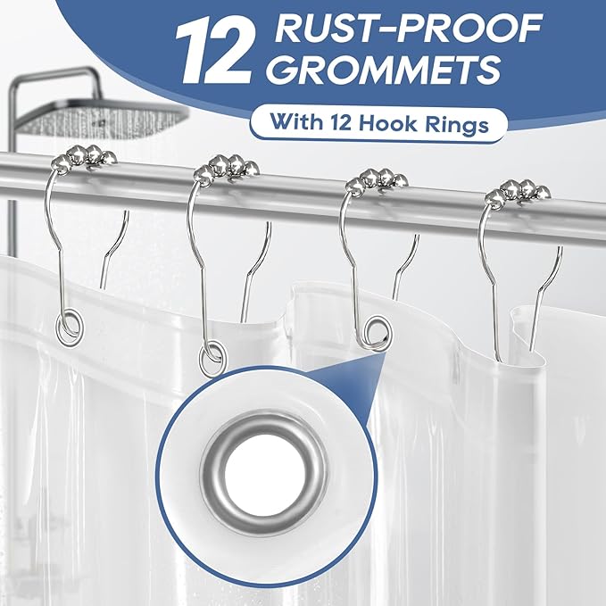 downluxe Clear Shower Curtain Liner with Hooks, PEVA Plastic Shower Liner, 72" W x 72" L Waterproof Lightweight Bathroom Curtain(12 Hooks, 1PC)