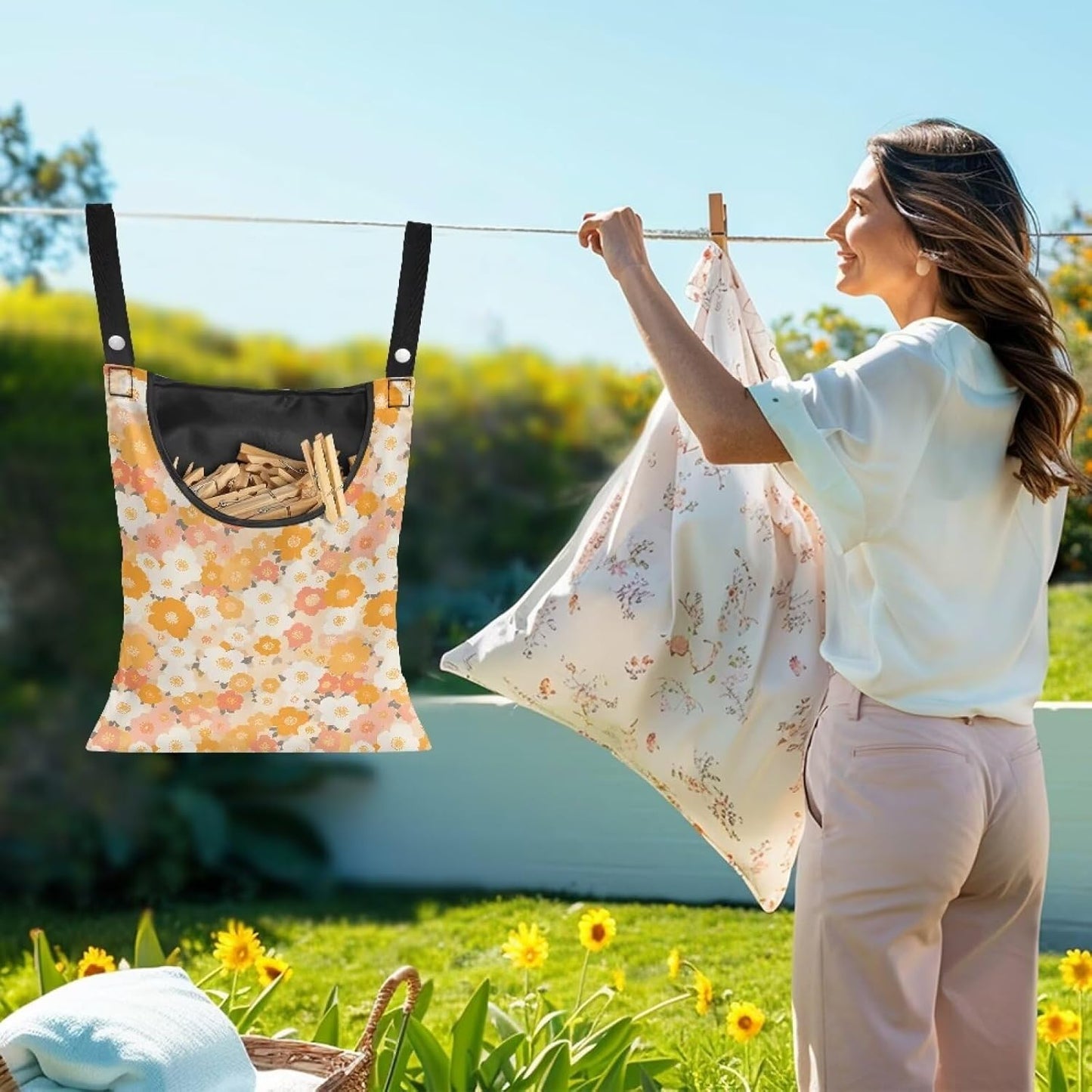 Clothes Pin Hanging Bag with Hanging Rope 14.5 X 12 Inch Clothespin Bag for Clothes Pins and Clothespins Heavy Duty Outdoor Use - Floral Yellow
