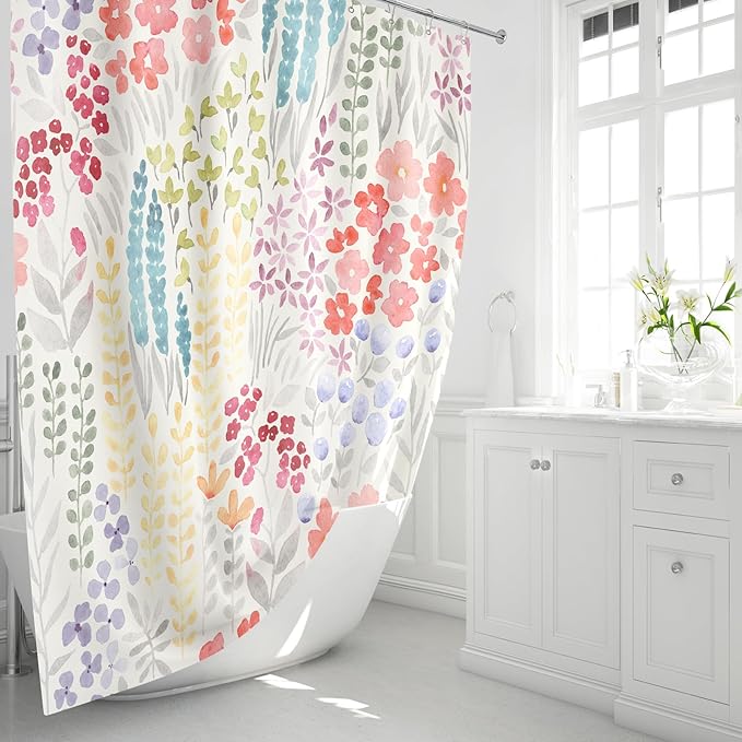Colorful Floral Shower Curtain 60x72, Cute Boho Flower Fabric Shower Curtains, Funky Watercolor Wildflower Shower Curtain Set, Cottagecore Bohemian Bathroom Decor, Ivory