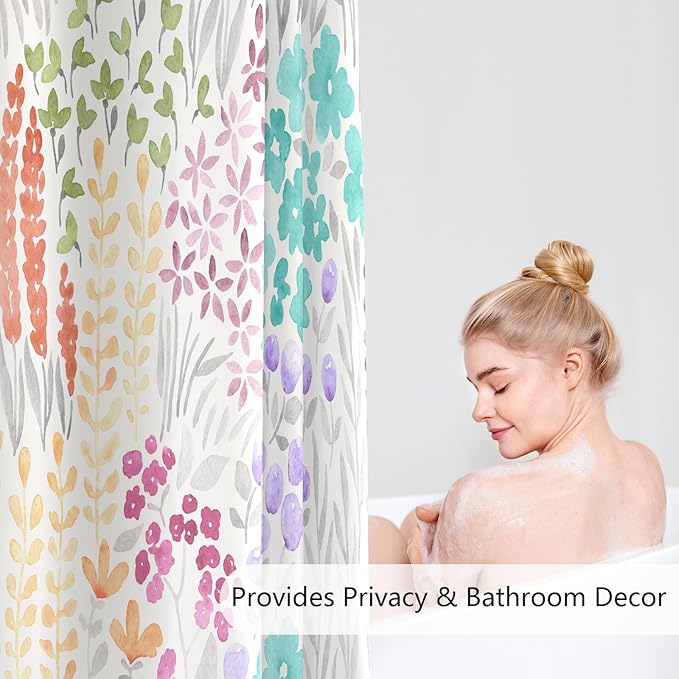 Extra Long Shower Curtain 72 x 96 Inch, Floor to Ceiling X-Long Tall Turquoise Cute Floral Shower Curtain for Bathroom, Teal Blue Wildflower Cottagecore Fabric Shower Curtain Set with Hooks