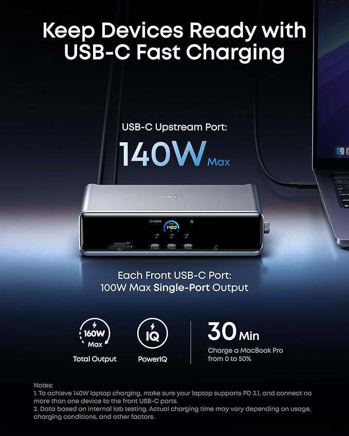 Anker Prime Docking Station (DL7400), 14-Port Triple Display with DisplayLink, 140W Max, Smart Display, Triple 4K 60Hz, Cooling Fan, for macOS and Windows (The Latest DisplayLink Driver Required)