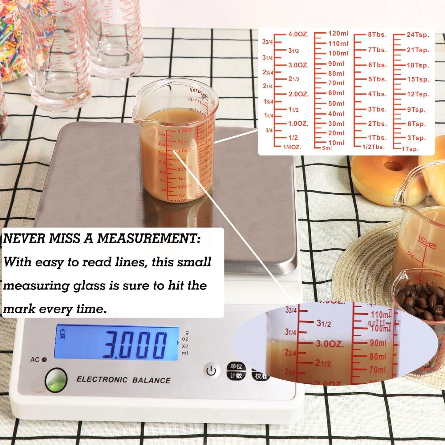 Ackers 7-Piece Glass Measuring Cup Set, Borosilicate Beaker Style Nesting Liquid Measuring Cups