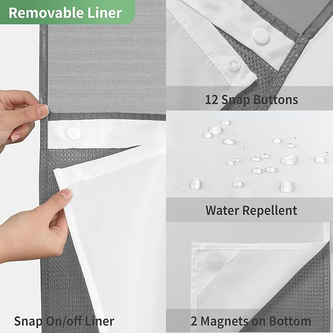 Stall No Hook Shower Curtain with Snap-in Fabric Liner Set,Waffle Weave Shower Curtains for Bathroom,Hotel Luxury Decor Bathroom Curtain Set,Waterproof & Washable,Grey,54Wx80H