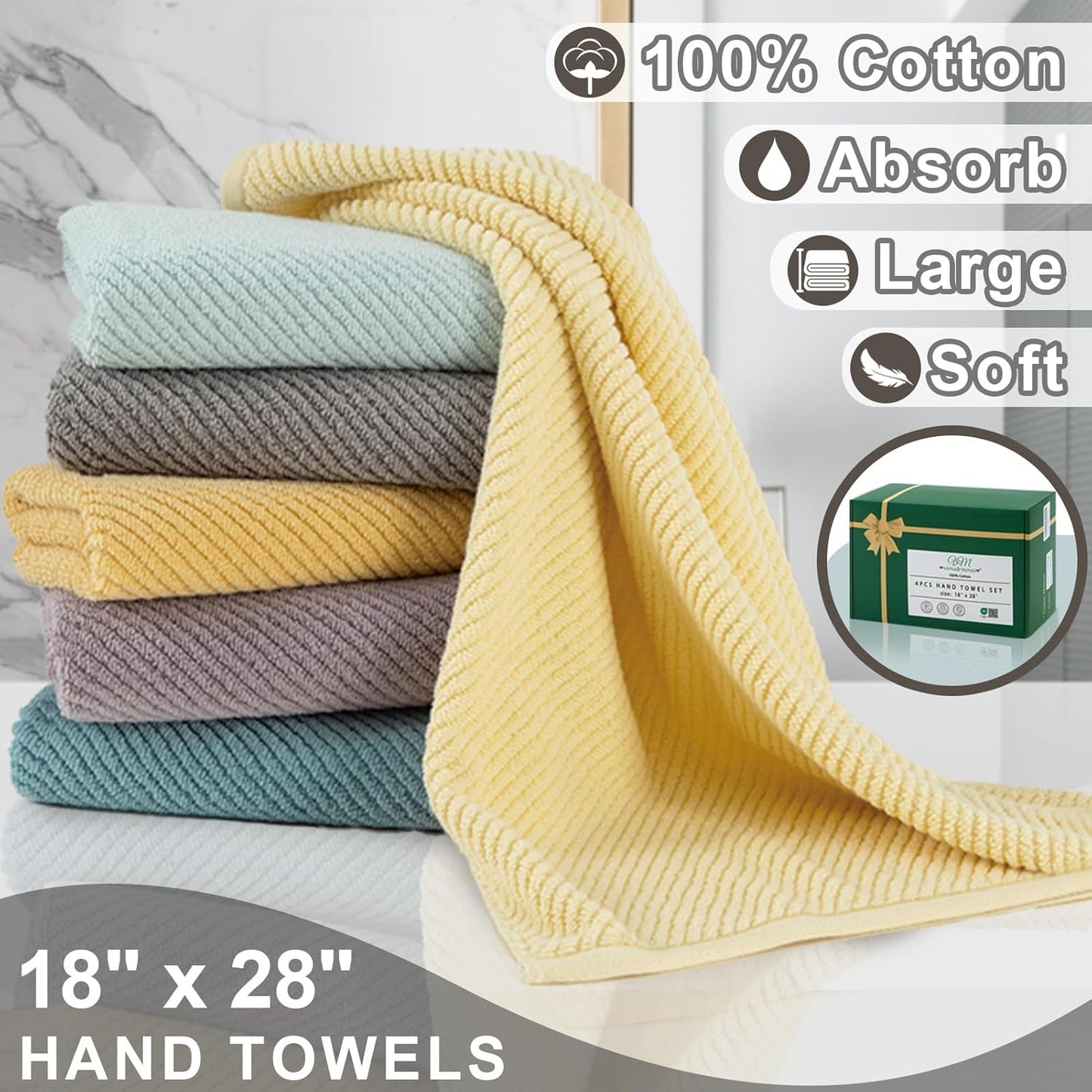 VOOVA & MOVAS Gray Hand Towels for Bathroom, Large 18" x 28" - 100% Cotton | Thick | Quick Dry | Lightweight | Absorbent | Soft, Hand Towels Set of 4, Bathroom Essentials, Dark Grey