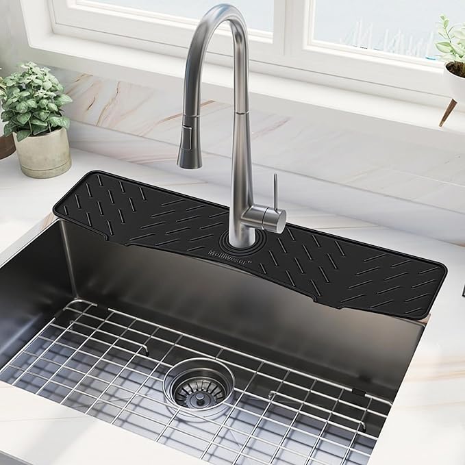 Meiliweser Faucet Mat for Kitchen Sink – 24” x 5.1” Extra-Long Silicone Splash Guard with 10° Slope & Upgraded Drainage – Gen 3 Sink Water Catcher & Sponge Holder for Kitchen, Bathroom (Black)