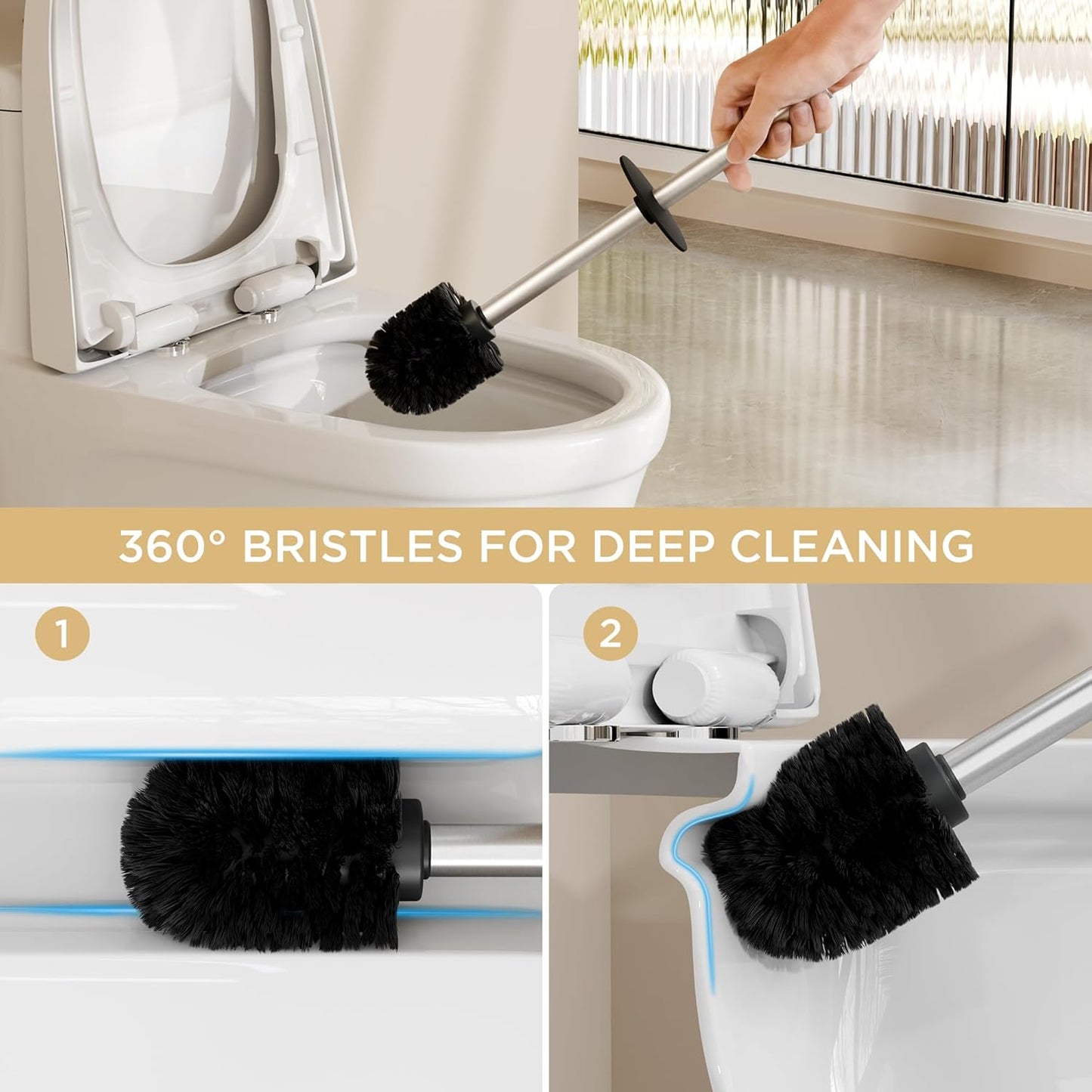 FORIOUS Toilet Brush and Holder Set Brushed Nickel, 304 Stainless Steel Long Handle and Heavy Duty Base for Bathroom Deep Cleaning, Drip-Proof, Space Saving for Storage, 2 Toilet Bowl Brush Head