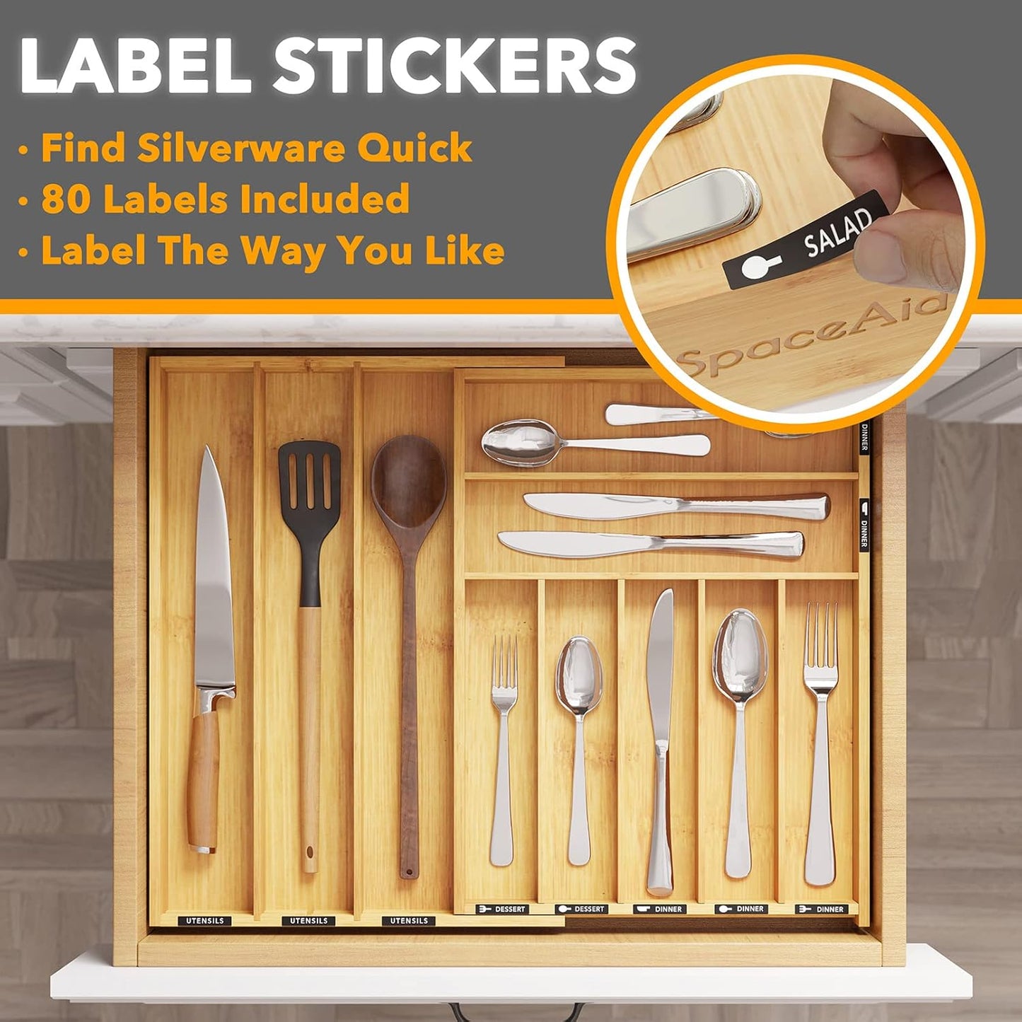 SpaceAid Bamboo Silverware Drawer Organizer with Labels, Kitchen Utensil Expandable Tray Holder Organizer for Flatware, Cutlery, Spoon and Knives Drawer Storage Organization (Natural, 10 Slots)
