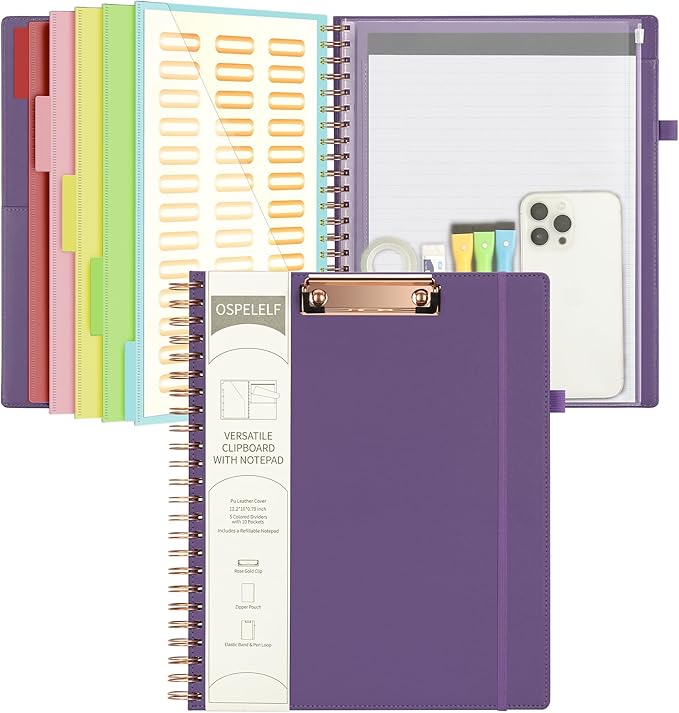 Ospelelf Leather Spiral Clipboard Folder with Storage Zipper Pouch, Foldable Clipboard Folio with Notepad for Letter Size, 5 Folders with 10 Pockets, 39 Divider Label Stickers (Purple)