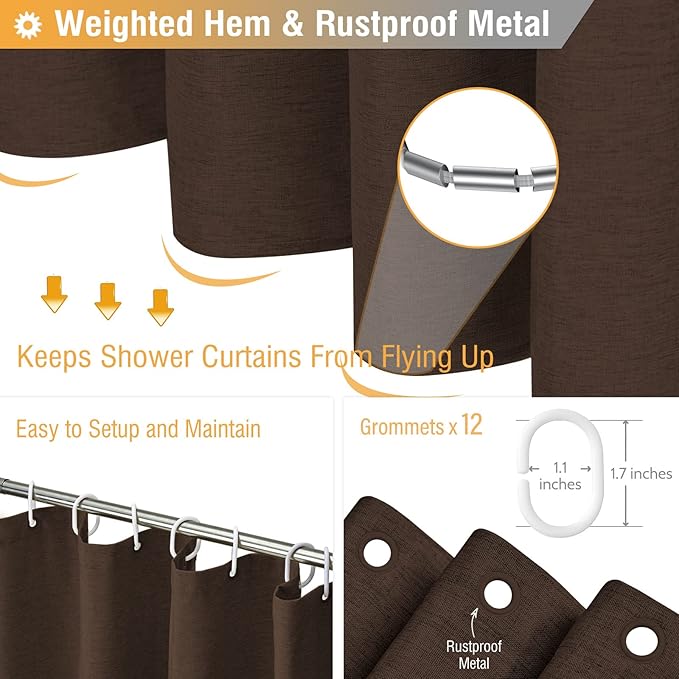 BTTN Fabric Shower Curtain, Linen Textured Heavy Duty Polyester Cloth Shower Curtain Set with Plastic Hooks, Brown, 72x78