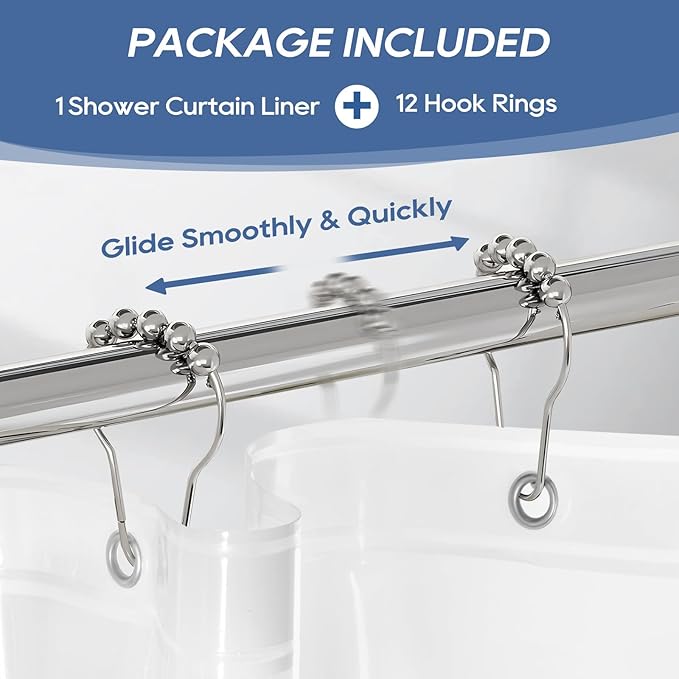 downluxe Clear Shower Curtain Liner with Hooks, PEVA Plastic Shower Liner, 72" W x 78" L Waterproof Lightweight Bathroom Curtain(12 Hooks, 1PC)