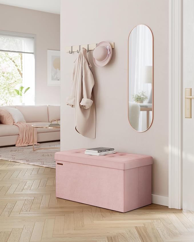 SONGMICS Mazie Collection - Storage Ottoman Bench, Foldable Foot Rest, 15 x 30 x 15 Inches, End of Bed Bench, Storage Chest, Load 660 lb, Living Room, Bedroom, Entryway, Jelly Pink ULSF247R01