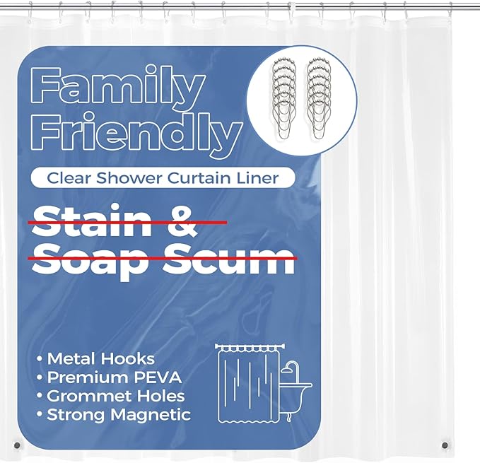 downluxe Clear Shower Curtain Liner with Hooks, PEVA Plastic Shower Liner, 72" W x 84" L Waterproof Lightweight Bathroom Curtain(12 Hooks, 1PC)