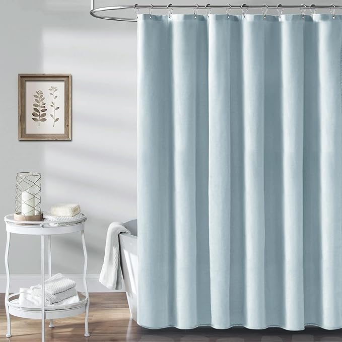 BTTN Extra Long Shower Curtain - 72x96 Inch Long Linen Textured Heavy Duty Fabric Shower Curtain Set with 12 Plastic Hooks, Tall Decorative Neutral Waterproof Shower Curtains for Bathroom, Fog Blue