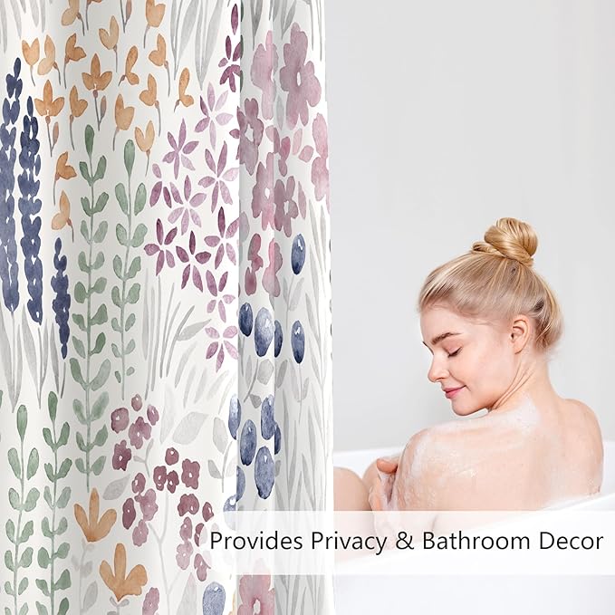 Extra Long Shower Curtain 72 x 84 Inch, Tall Cute Floral Shower Curtain for Bathroom, Mauve Wildflower Boho Cottagecore Fabric Shower Curtain Set with Hooks