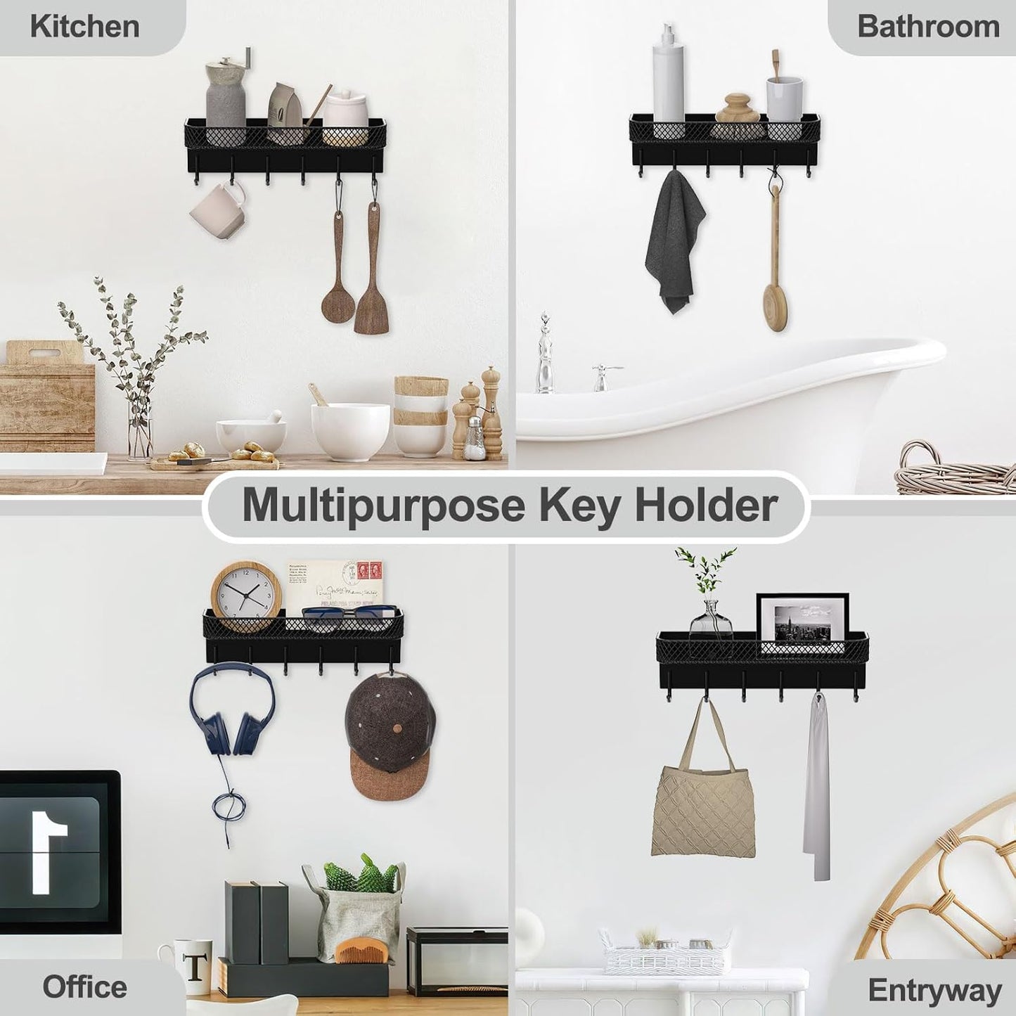 Key Holder for Wall – Decorative Stainless Steel Key Hanger with 6 Hooks for Hats, Bags, Leashes – Mail Holder Key Rack with Mounting Hardware and Guide (9.65” x 2.8” x 2.2”) (Black)