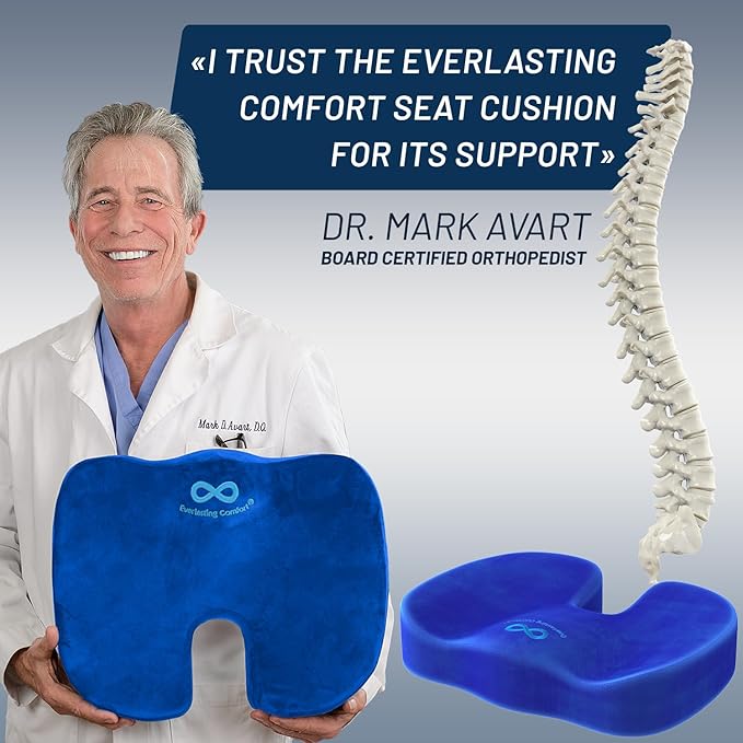 Everlasting Comfort Doctor Recommended Memory Foam Seat Cushion for Office Chairs & Car - Ergonomic Office Desk Accessories - Cushions for Tailbone Pain Relief, Sciatica (Blue, Large)