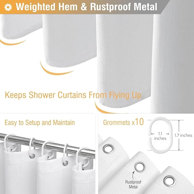 BTTN Fabric Shower Curtain, Linen Textured Heavy Duty Polyester Cloth Shower Curtain Set with Plastic Hooks, White, 60" W x 84" L (Pack of 1)