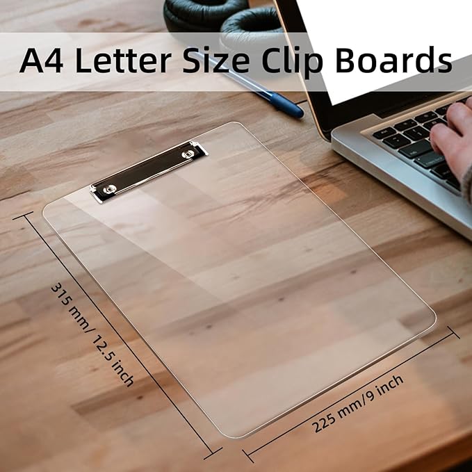 Plastic Clipboards Set of 30, A4 Acrylic Clear Board 8.5x11 for Classroom, Students, Transparent Letter Size 9" x 12.5" with Low Profile Clip, Office & School Supply