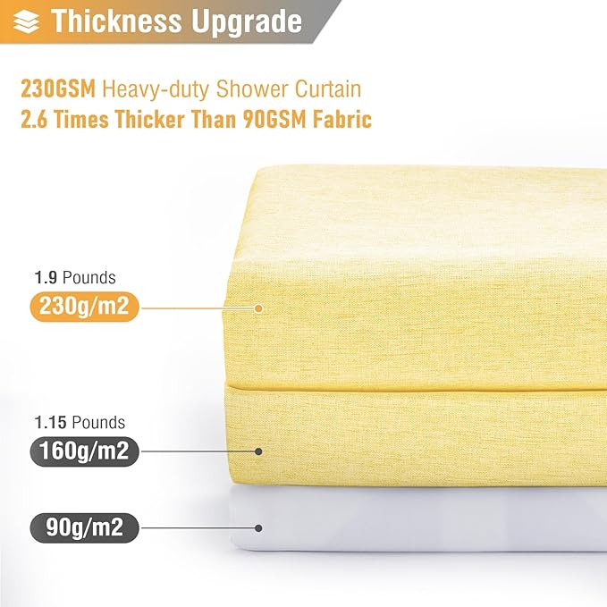 BTTN Yellow Fabric Shower Curtain - Linen Textured Weighted Cloth Shower Curtain Set with 12 Plastic Hooks, Machine Washable, Modern Hotel Luxury, Decorative Neutral Bath Curtains for Bathroom, 72x72
