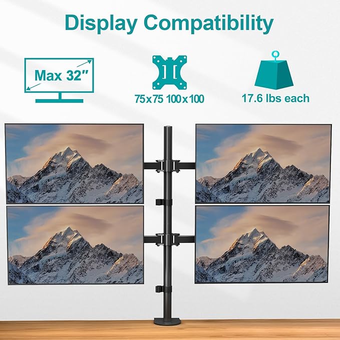 MOUNT PRO Quad Monitor Stand, 4 Monitor Mount for 13 to 32 inch Computer Screens, Hold up to 17.6lbs Each, Fully Adjustable Stacked 4 Desk Arm, VESA Mount, C clamp/Grommet Base