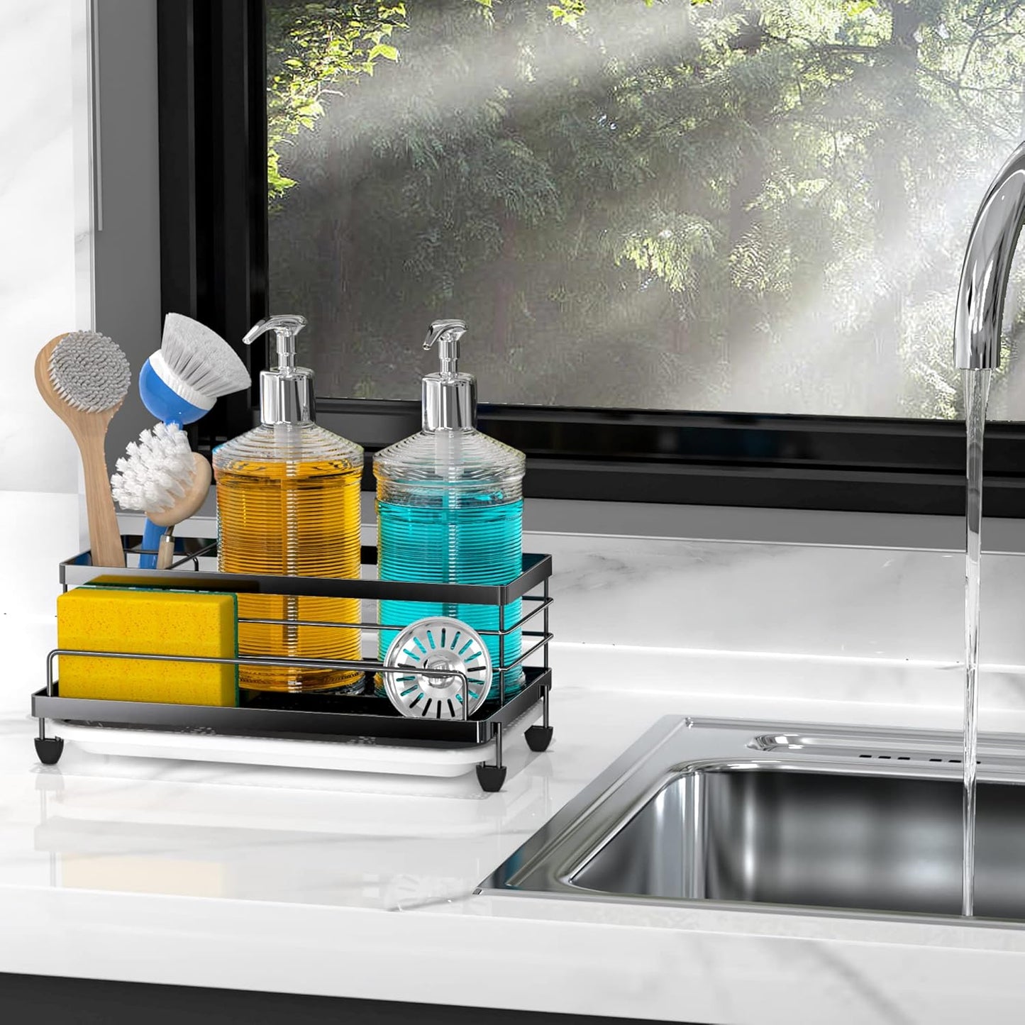 Cisily Large Black Sponge Holder for Kitchen, Sink Caddy Sink Organizer Rack for Kitchen Accessories with Drip Tray, Rustproof and Non-slip, Soap Dispenser Countertop Organizer Essentials for New Home