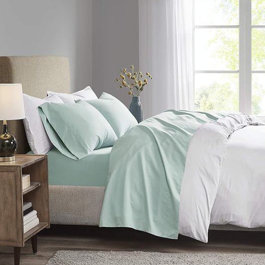 Madison Park 3M Microcell Bed Sheet Set Color Fast, Wrinkle and Stain Resistant, Soft Sheets with 16" Deep Pocket All Season, Cozy Bedding-Set, Matching Pillow Case, Cal King, Seafoam, 4 Piece