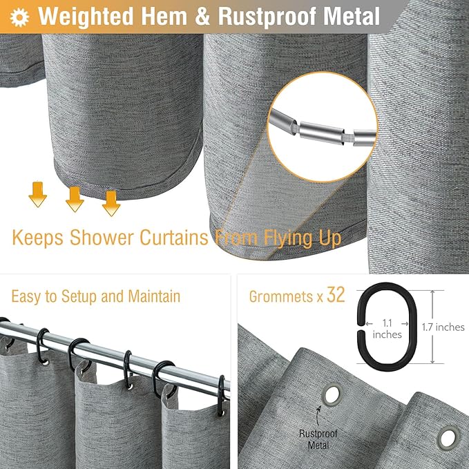 BTTN Extra Long Fabric Shower Curtain - 180x72 Inch Linen Textured Heavy Duty Tall Cloth Shower Curtain Set with 32 Plastic Hooks, Large Hotel Luxury Polyester Shower Curtains for Bathroom, Gray/Grey