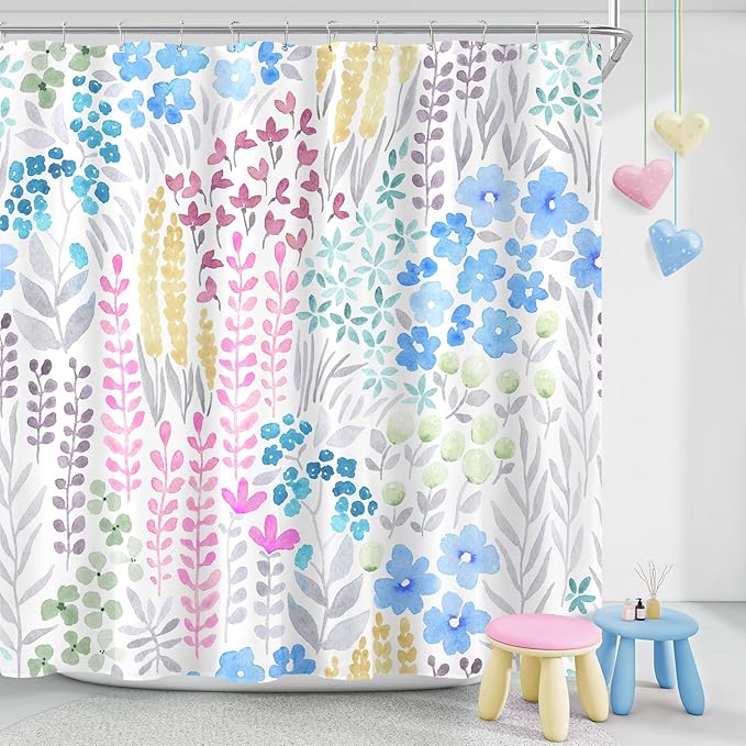 Extra Long Shower Curtain 72 x 96 Inch, Floor to Ceiling X-Long Tall Cute Floral Shower Curtain for Bathroom, Blue Pink Yellow Wildflower Boho Cottagecore Fabric Shower Curtain Set with Hooks