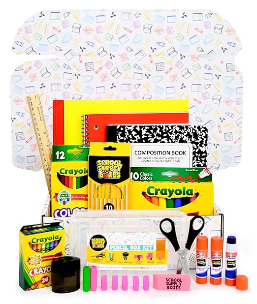 School Supply Boxes | K-5 Case (4 Boxes) | Back to School Essentials Kit for Students & Teachers | Includes Wide-Ruled Paper Products, Crayons, Markers, Colored Pencils, & More