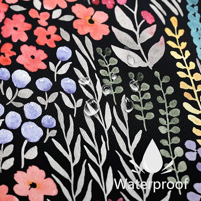 Colorful Floral Shower Curtain 60x72, Cute Boho Flower Fabric Shower Curtain, Funky Watercolor Wildflower Shower Curtain Set, Cottagecore Bohemian Bathroom Decor, Black