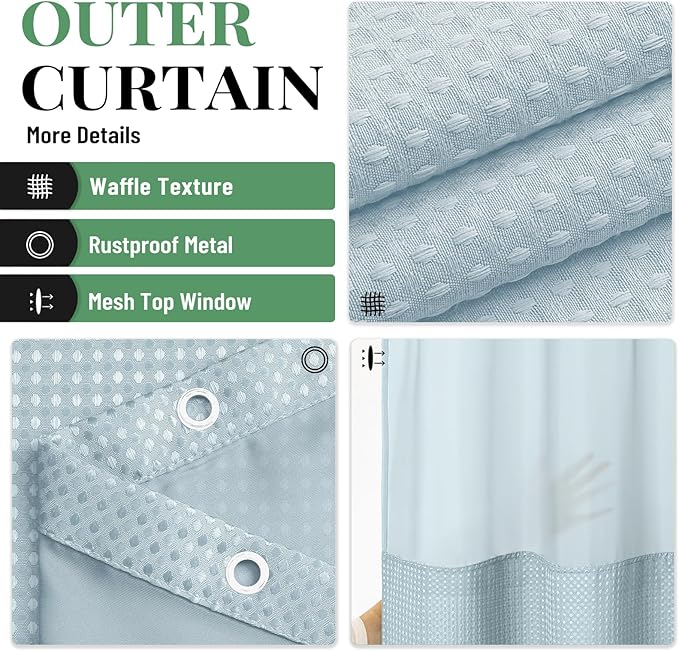 Dynamene Extra Long Shower Curtain, 84 Inch Long Waffle Fabric Shower Curtain for Bathroom, Tall Waterproof Cloth Shower Curtain Liner Set with Hook, Snap in Liner, Mesh Top Window, Fog Blue, 72x84