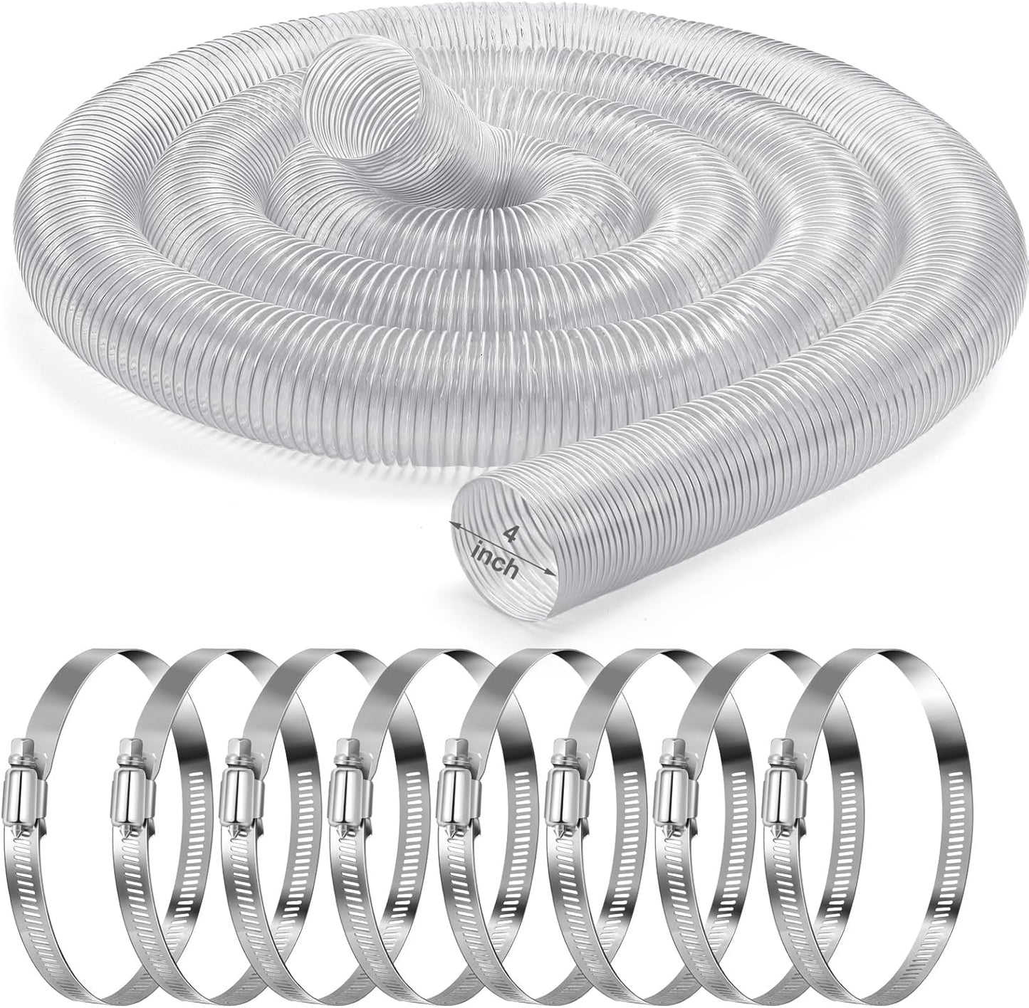 4 Inches 30 ft PVC Dust Collection Hose with Stainless Steel Clamps Set Flexible Clear Vacuum Puncture Resistant Fume Hose for Vacuums Cleaner Fume Dust Collection System