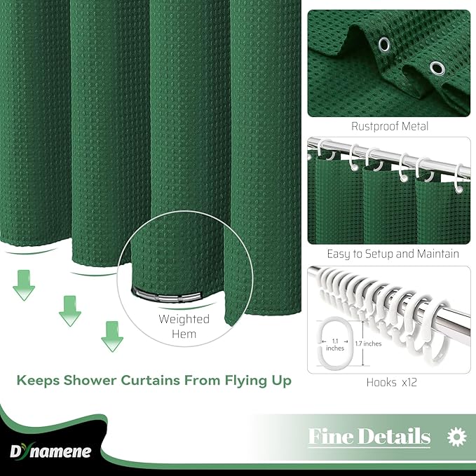 Dynamene Dark Green Fabric Shower Curtain - Waffle Weave Textured Heavy Duty Cloth Shower Curtains for Bathroom, 256GSM Hotel Luxury Weighted Bath Curtain Set with 12 Hooks,72x72, Dark Green