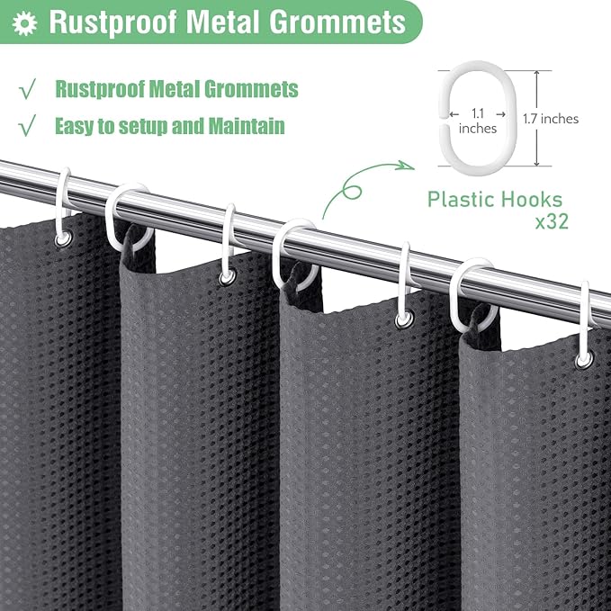 Dynamene Extra Wide Shower Curtain - 180 Inch Wide Waffle Weave Weighted Thick Cloth Bathroom Shower Curtain, Neutral Heavy Duty Hotel Shower Curtain Set with 32 Plastic Hooks,180x72, Charcoal Grey