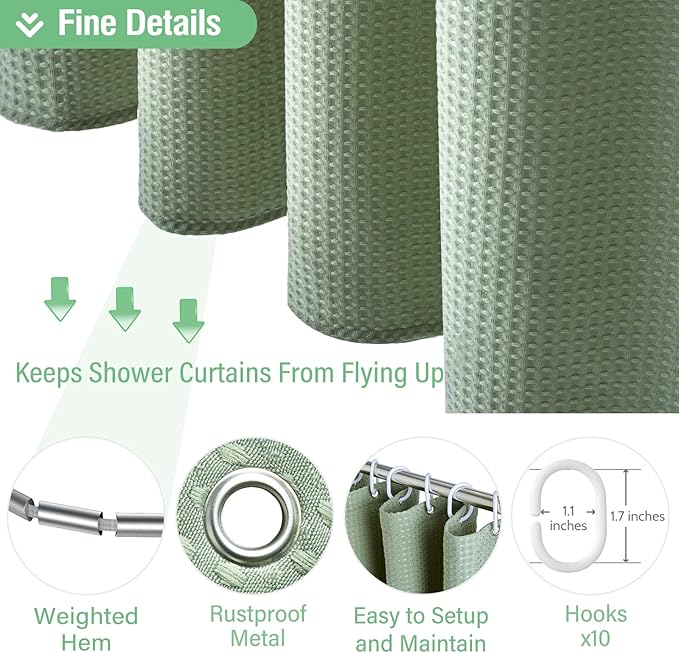 Dynamene Stall Fabric Shower Curtain - 60 x 84 inch Long Waffle Weave Weighted Thick Cloth Shower Curtain for Bathroom, Neutral Heavy Duty Hotel Spa Luxury Bath Curtain Set with 10 Hook, Sage Green