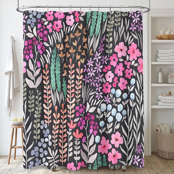 Black Floral Shower Curtain 60x72, Hot Pink Boho Flower Fabric Shower Curtain, Cute Funky Watercolor Wildflower Shower Curtain Set, Cottagecore Bohemian Bathroom Decor