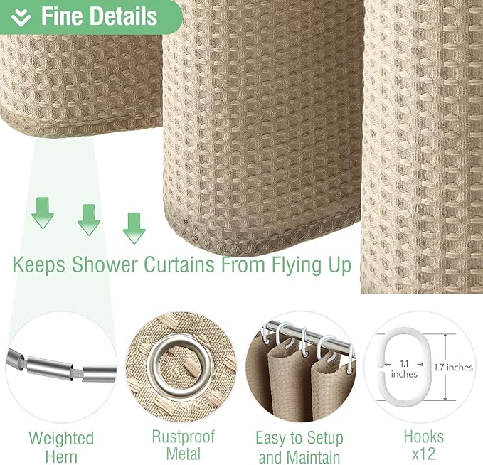 Dynamene Long Fabric Shower Curtain - 78 inch Waffle Weave Heavy Duty Cloth Shower Curtains for Bathroom, Neutral Weighted Hotel Spa Luxury Bath Curtain Set with 12 Plastic Hooks,72x78, Beige/Khaki