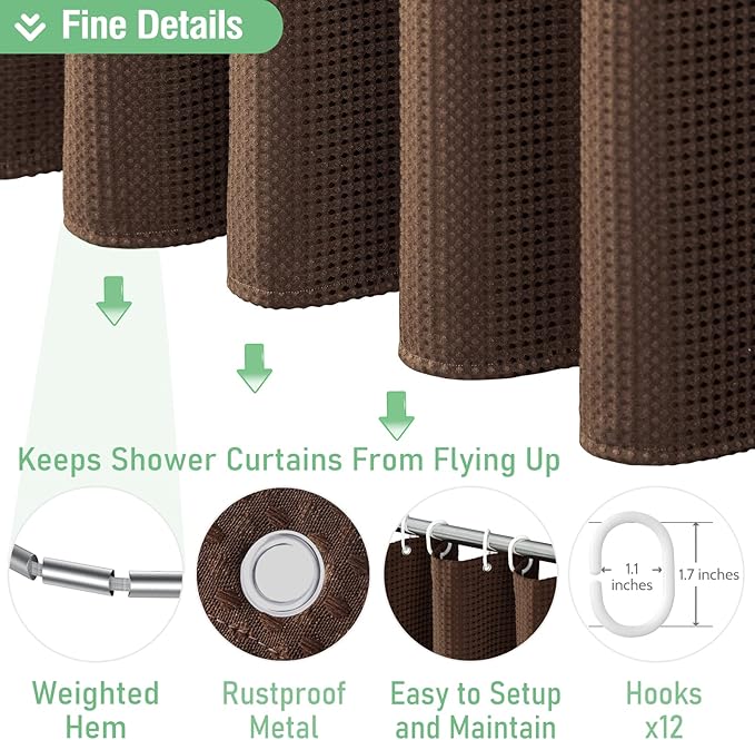 Dynamene Long Fabric Shower Curtain - Waffle Textured Tall Heavy Duty Cloth Shower Curtains for Bathroom, 256GSM Large Hotel Spa Luxury Bath Curtain Set with 12 Plastic Hooks(72Wx80H, Brown)