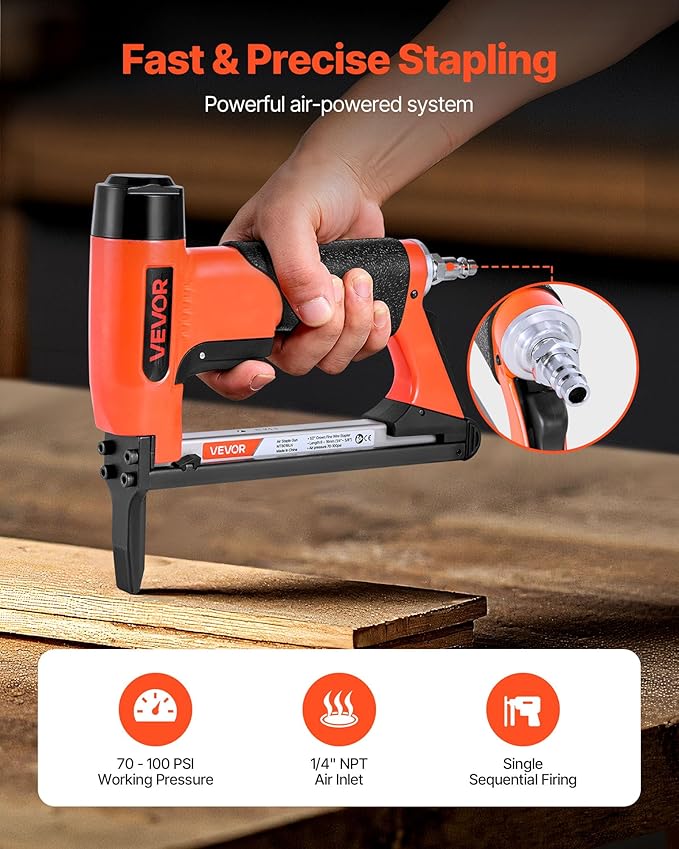 VEVOR Pneumatic Staple Gun, 21 Gauge Long-Nose Upholstery Stapler for 80 Series Fine Wire Staples 1/2-inch Crown 1/4"-5/8" Length, Max 150PCS Loading Air Staple Gun for Upholstering, Woodworking, DIY