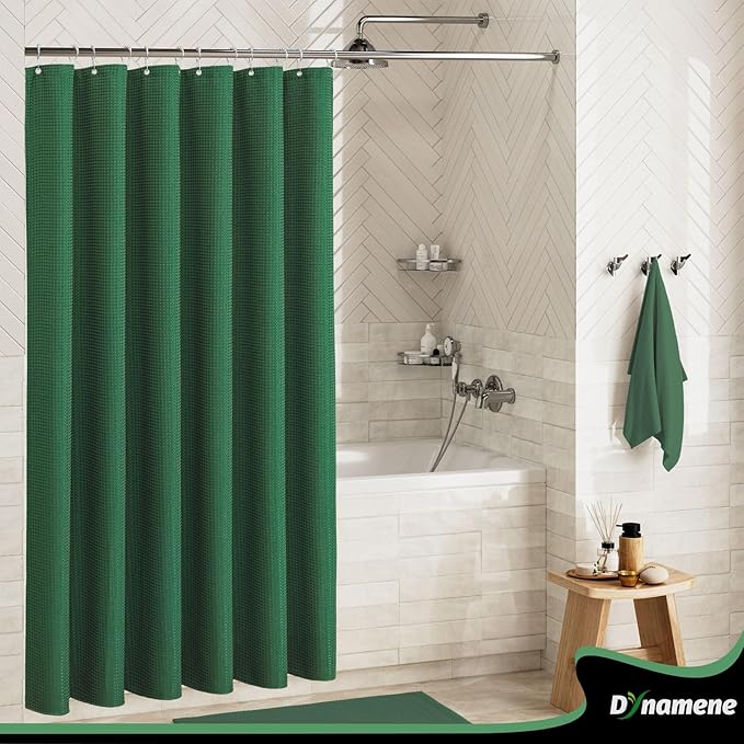 Dynamene Extra Long Shower Curtain - 84 Inch Long Waffle Weave Heavy Duty Fabric Bathroom Shower Curtain, Neutral Weighted Hotel Thick Bath Curtain Set with 12 Plastic Hooks,72x84, Dark Green