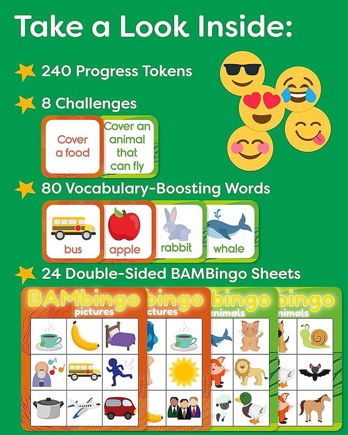 THE BAMBINO TREE Animal and Picture Bingo Game for Kids - Flash Cards Matching Learning Board Game for Ages 3-6 Preschool, Kindergarten & Family Fun