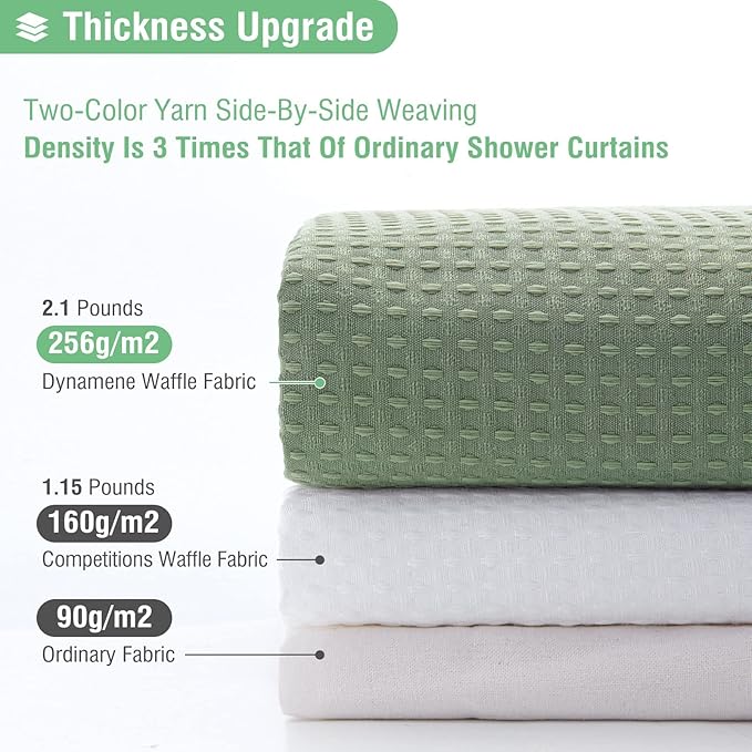 Dynamene Fabric Shower Curtain, Waffle Textured Heavy Duty Shower Curtains for Bathroom, 256GSM Luxury Weighted Cloth Shower Curtain Set with Plastic Hooks, 72" W x 96" L (Pack of 1), A. Sage Green