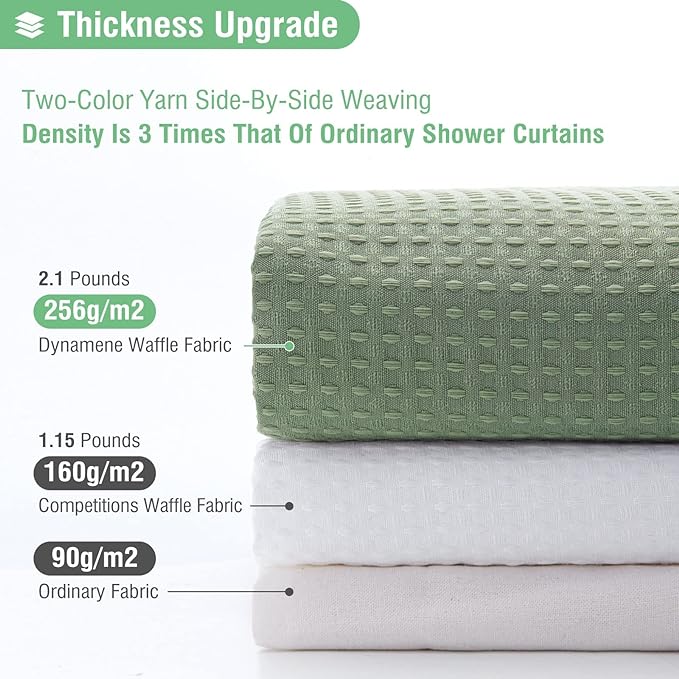Dynamene Extra Long Shower Curtain,84 Inch Long Waffle Weave Weighted Thick Fabric Bathroom Shower Curtain, Heavy Duty Large Hotel Bath Curtain Set with 12 Plastic Hooks,72x84,Sage Green