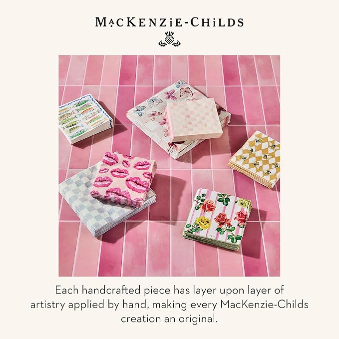 MACKENZIE-CHILDS Cocktail Paper Napkins, Stylish Paper Cocktail Napkins for Parties and More, Pink-and-White Rosy Check