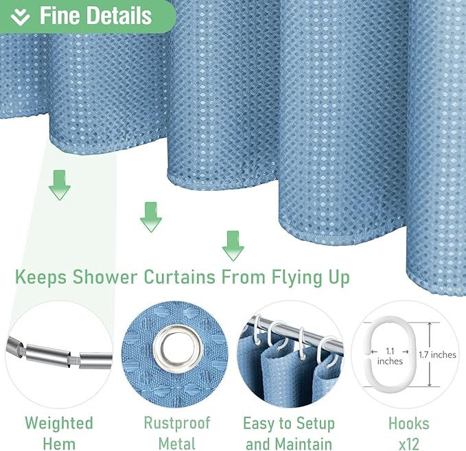 Dynamene Long Fabric Shower Curtain - 78 inch Long Waffle Weave Weighted Cloth Shower Curtains for Bathroom, Heavy Duty Hotel Spa Luxury Bath Curtain Set with 12 Plastic Hooks,72x78, Moonlight Blue