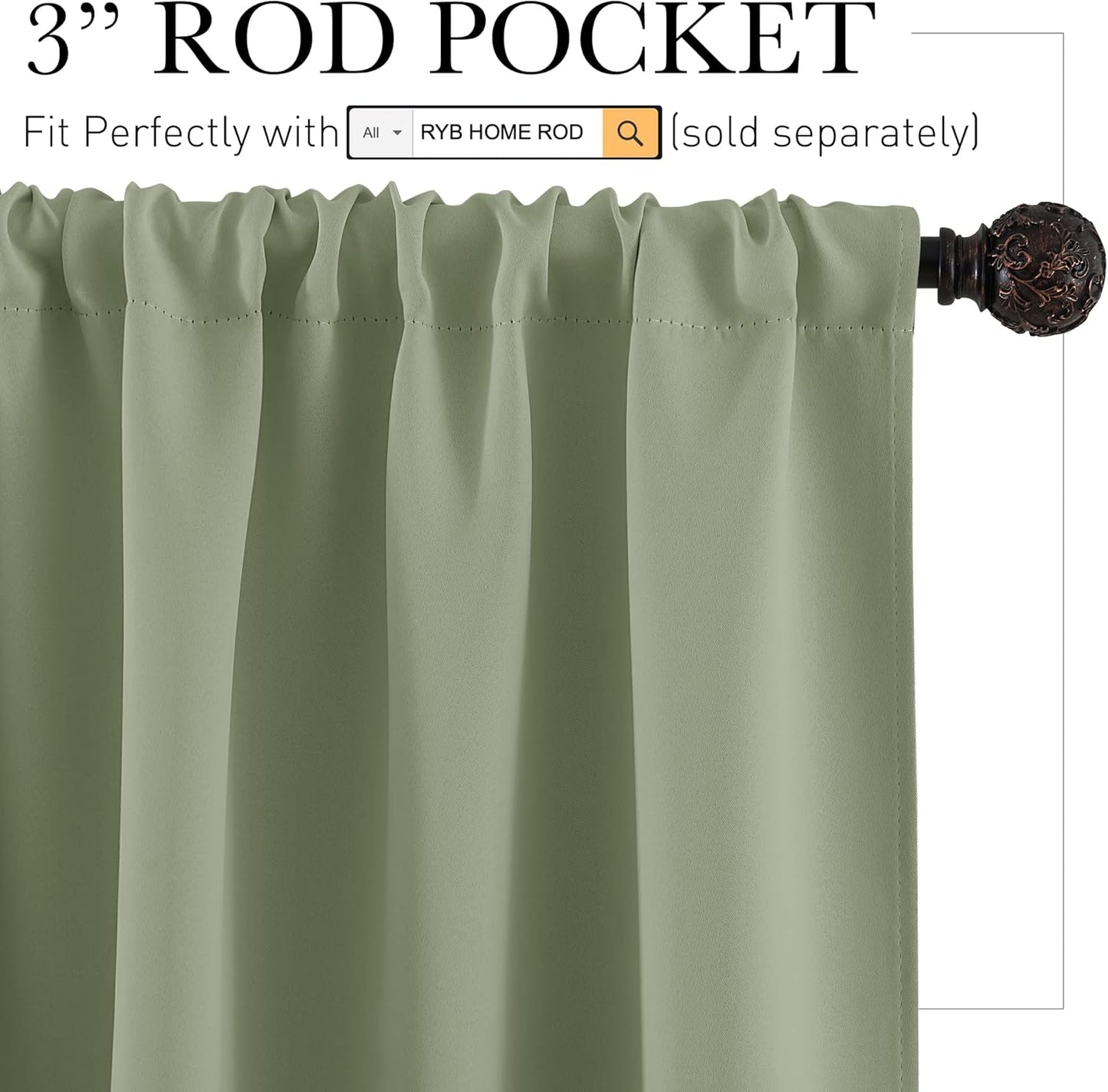 RYB HOME Bedroom Curtains Short - Blackout Privacy Energy Saving Farmhouse Curtains for RV Bunk Camper Bathroom Basement, 52 inch Width x 36 inch Length, Sage Green, 2 Pcs