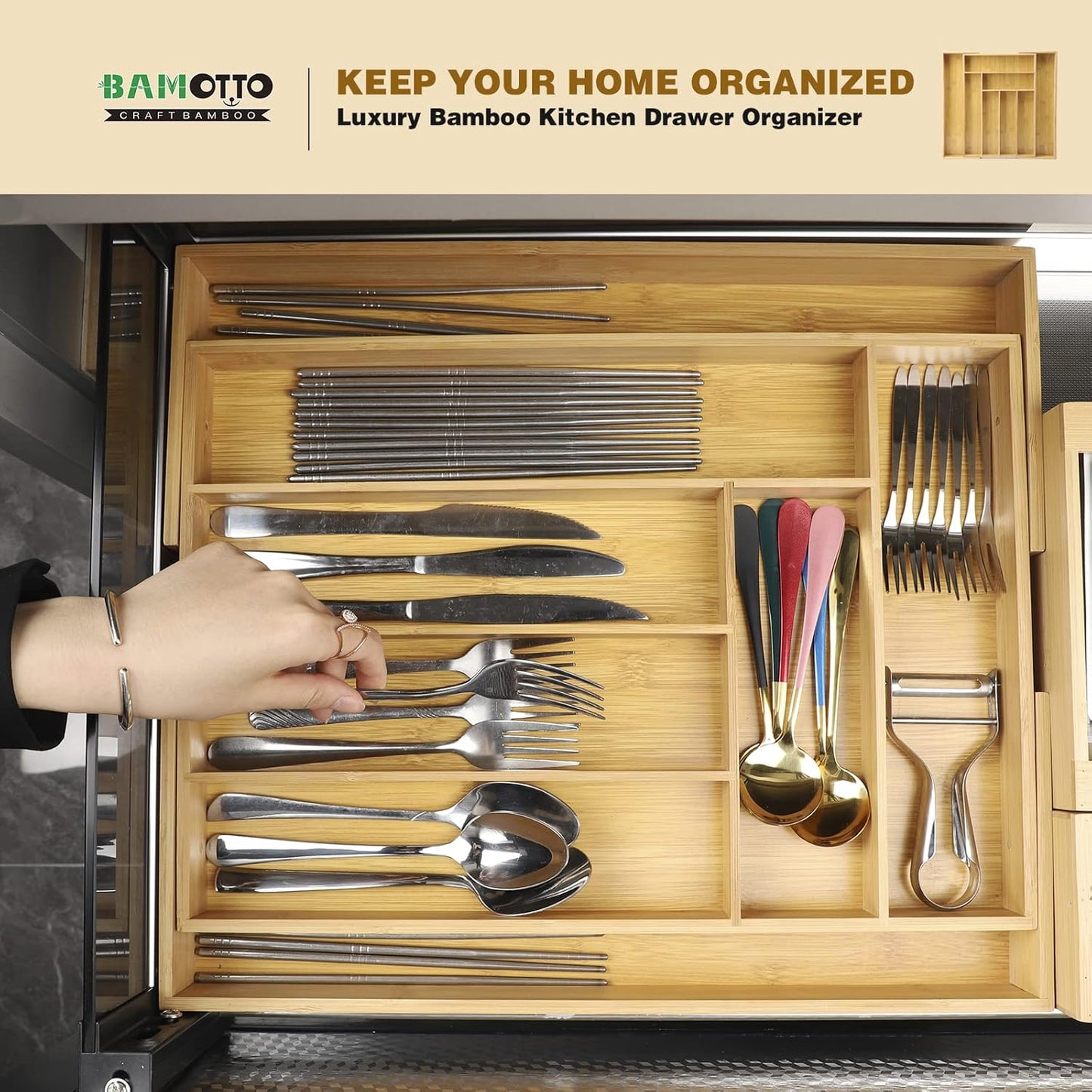Expandable Bamboo Drawer Organizer – Large 20"x16.9" Size with Adjustable Dividers – for Kitchen Utensils, Knives, Cutlery, Flatware & Silverware Storage Tray